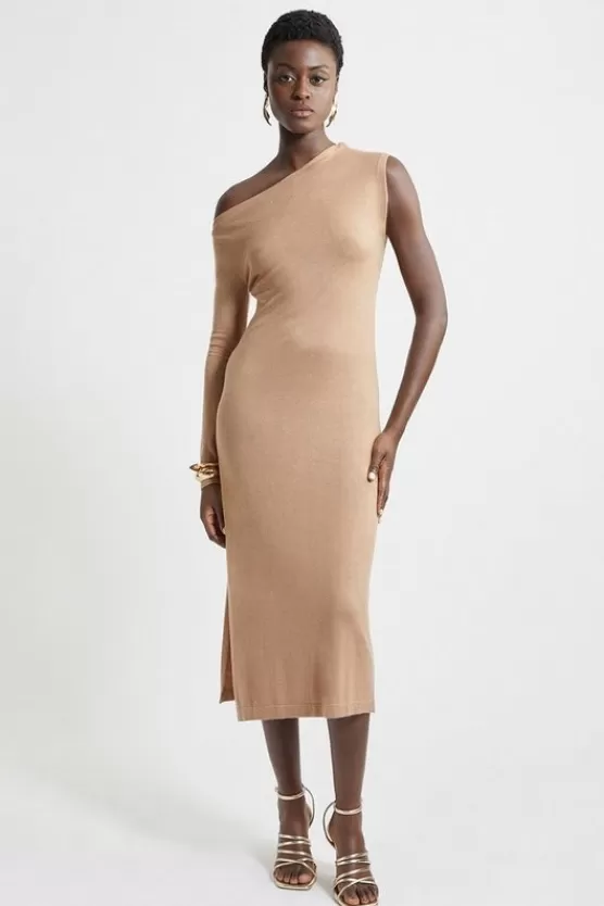 Best Sale Karen Millen Petite Cashmere Blend One Shoulder Asymmetric Midaxi Dress camel