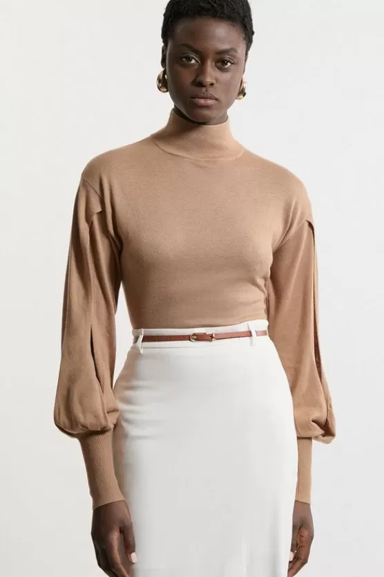 Sale Karen Millen Petite Cashmere Blend Turtleneck And Split Sleeve Knit Top camel