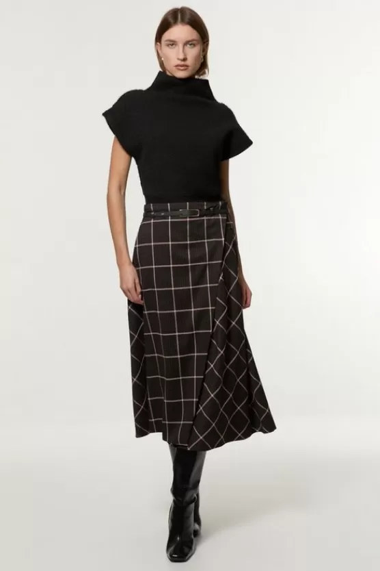 Clearance Karen Millen Petite Check Pleated Kilt Belted Midi Skirt brown