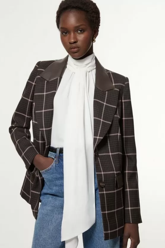 Outlet Karen Millen Petite Check Pu Mix Tailored Jacket brown