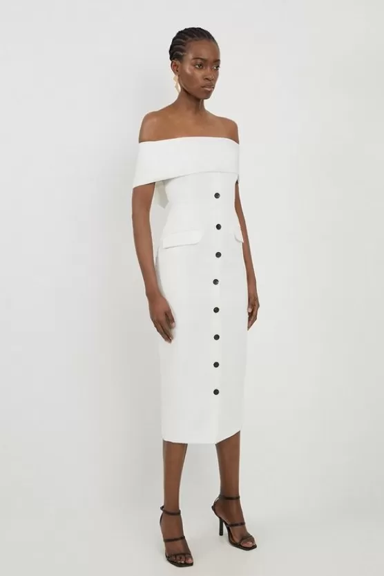 Cheap Karen Millen Petite Clean Tailored Off The Shoulder Button Through Midi Dress ivory