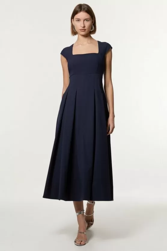 Clearance Karen Millen Petite Clean Tailored Square Neck Full Skirted Midi Dress navy