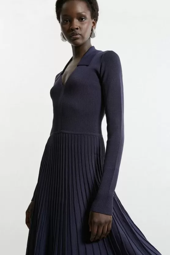 Clearance Karen Millen Petite Collared Contrast Color Block Full Skirted Midaxi Knit Dress navy