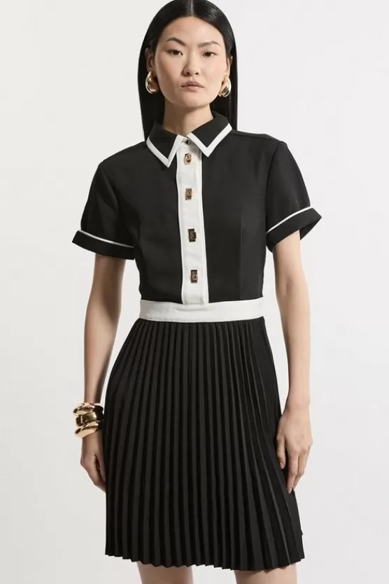 Shop Karen Millen Petite Color Block Twill Pleat Skirt Woven Mini Dress black