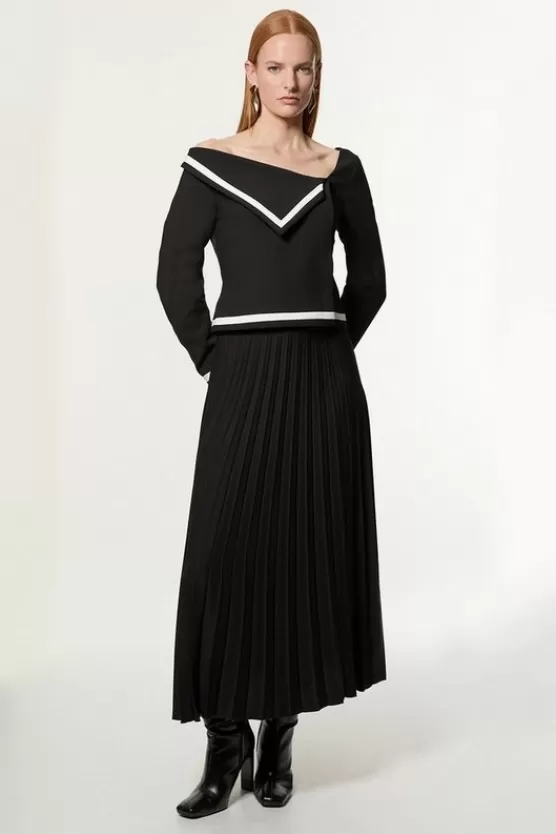 Fashion Karen Millen Petite Compact Stretch Asymmetric Neck Color Block Pleated Tailored Midaxi Dress mono