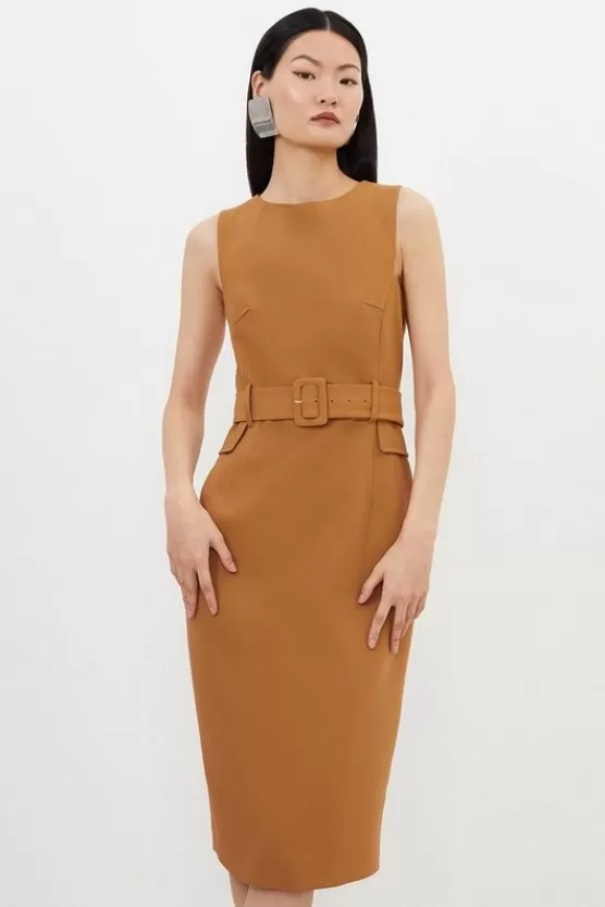 Online Karen Millen Petite Compact Stretch Belted Tailored Midi Pencil Dress camel