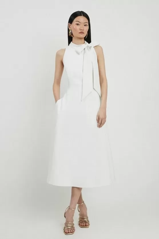 Flash Sale Karen Millen Petite Compact Stretch Bow Tie Neck Full Skirted Midi Dress ivory