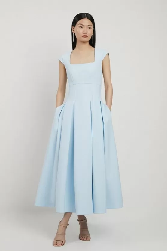 Outlet Karen Millen Petite Compact Stretch Clean Tailored Square Neck Full Skirted Midi Dress paleblue
