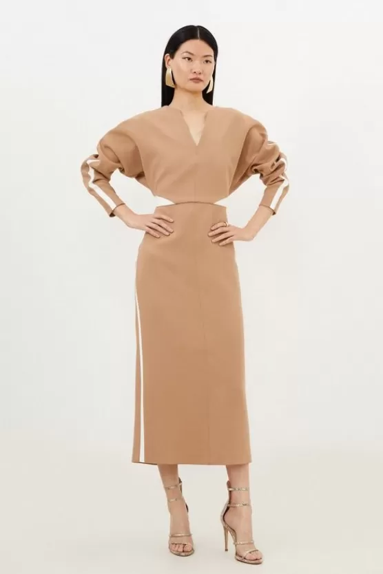 Outlet Karen Millen Petite Compact Stretch Contrast Panel Tailored Midi Dress camel