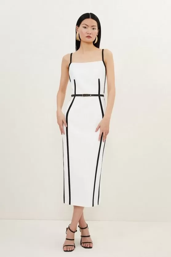 Online Karen Millen Petite Compact Stretch Contrast Tailored Belted Midi Dress ivory