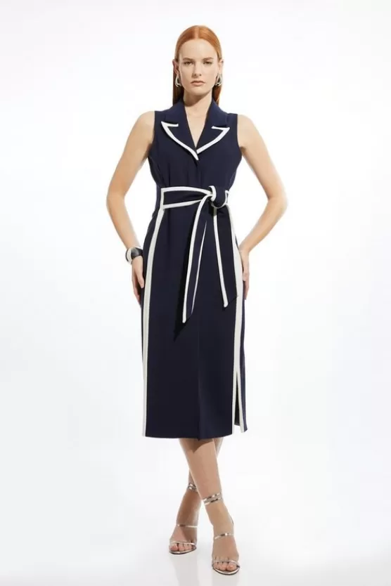 Hot Karen Millen Petite Compact Stretch Contrast Tipped Belted Pencil Maxi Dress navy