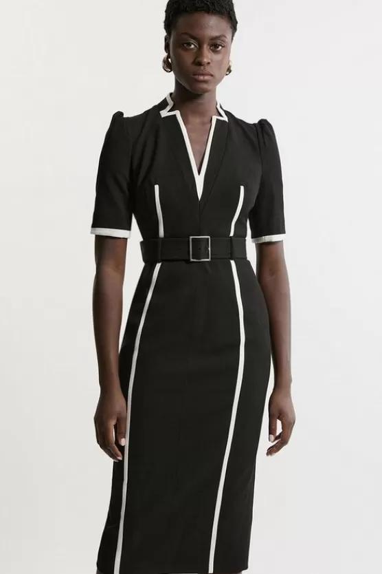 Best Sale Karen Millen Petite Compact Stretch Contrast Tipped Forever Belted Tailored Midi Dress black