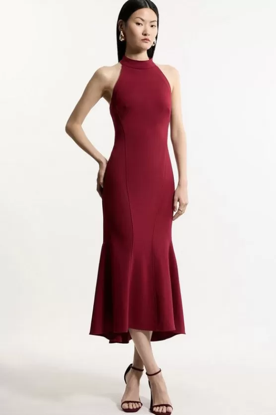 Clearance Karen Millen Petite Compact Stretch Essential Tailored High Neck Dip Hem Midi Dress fig