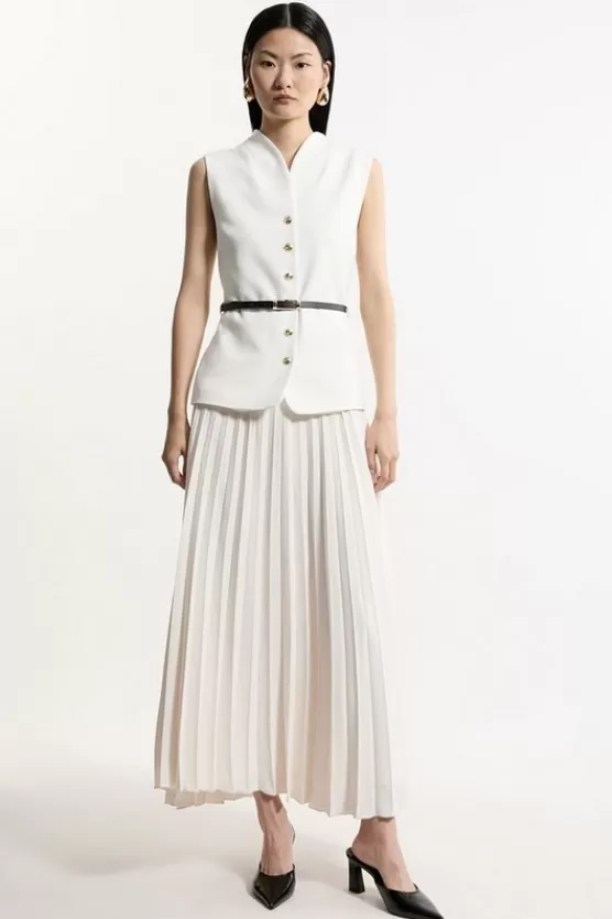 Sale Karen Millen Petite Compact Stretch Fluid Tailored Belted Pleated Full Skirt Maxi Dress ivory