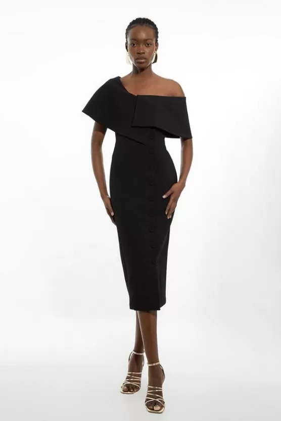 Sale Karen Millen Petite Compact Stretch Off Shoulder Button Through Tailored Midi Pencil Dress black