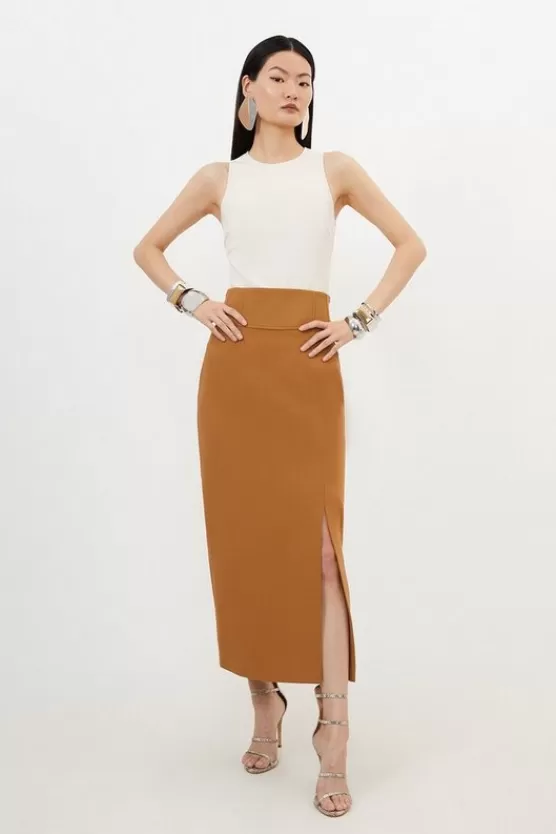 Hot Karen Millen Petite Compact Stretch Side Split Tailored Midi Pencil Skirt camel