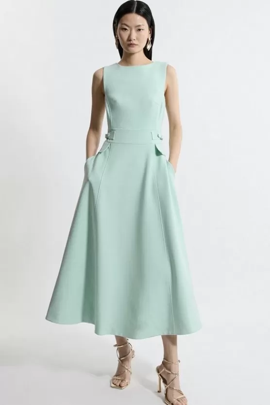 Best Sale Karen Millen Petite Compact Stretch Tab Waist Detail Full Skirt Midi Dress sage