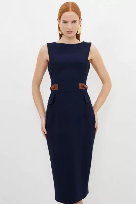 Outlet Karen Millen Petite Compact Stretch Tab Waist Detail Tailored Midi Dress navy