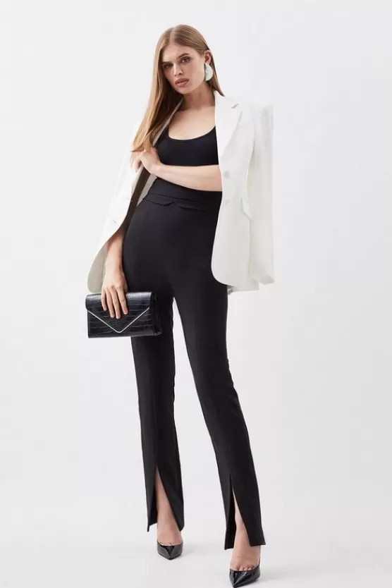 New Karen Millen Petite Compact Stretch Tailored High Rise Split Hem Pants black