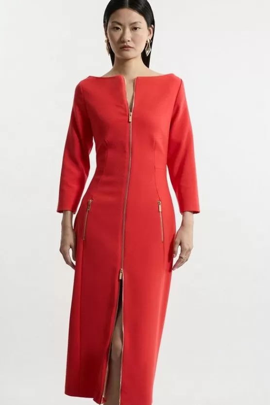 Best Karen Millen Petite Compact Stretch Tailo Long Sleeve Zip Through Maxi Dress red
