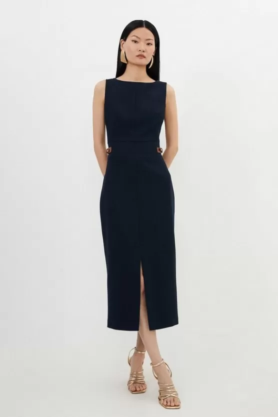 Flash Sale Karen Millen Petite Compact Stretch Tailored Pu Tab Detail Midi Dress midnight