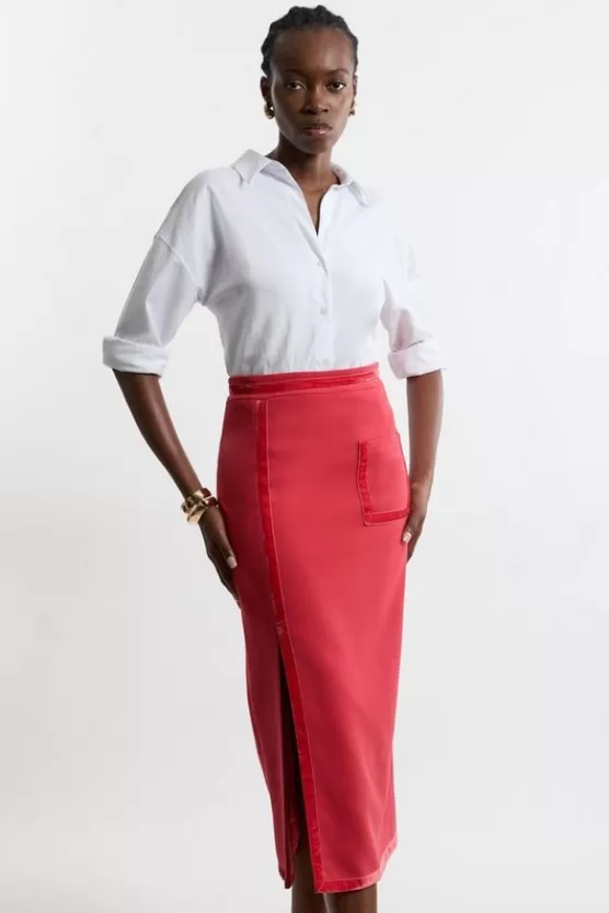 Clearance Karen Millen Petite Compact Stretch Tipped Velvet Contrast Collarless Tailo Skirt red