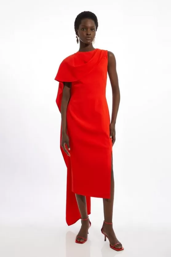 Store Karen Millen Petite Compact Stretch Viscose Asymmetric Draped Midi Dress tomatored