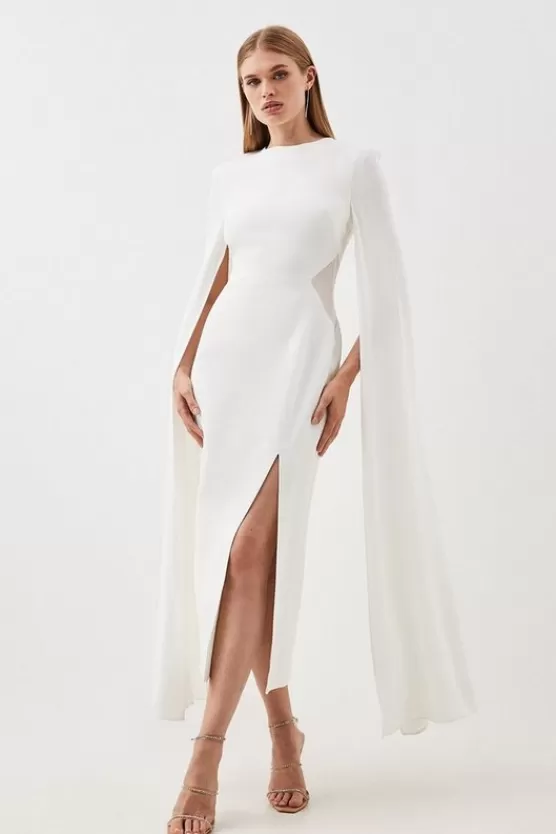 Outlet Karen Millen Petite Compact Stretch Viscose Cape Mesh Panel Tailored Midi Dress ivory