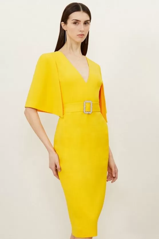 Online Karen Millen Petite Compact Stretch Viscose Cape Pencil Midi Dress yellow