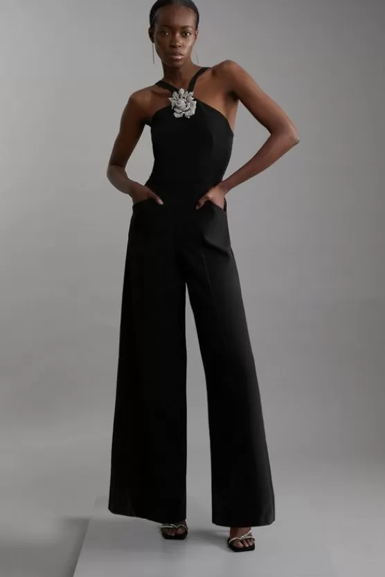 Cheap Karen Millen Petite Compact Stretch Viscose Crystal Embellished Rosette Straight Leg Tailored Jumpsuit black