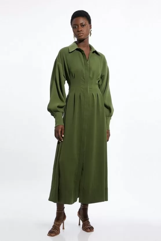 Store Karen Millen Petite Compact Stretch Viscose Long Sleeve Woven Maxi Shirt Dress khaki