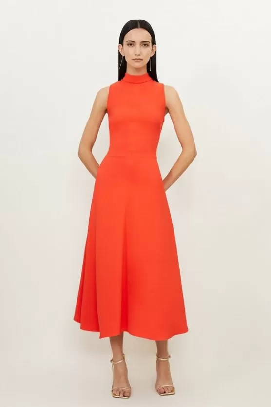 New Karen Millen Petite Compact Stretch Viscose Tailored High Neck Tie Detail Midi Dress tomatored