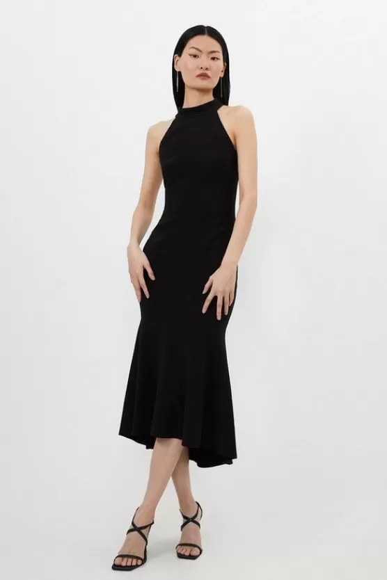 Discount Karen Millen Petite Compact Stretch Waterfall Hem High Neck Midi Dress black