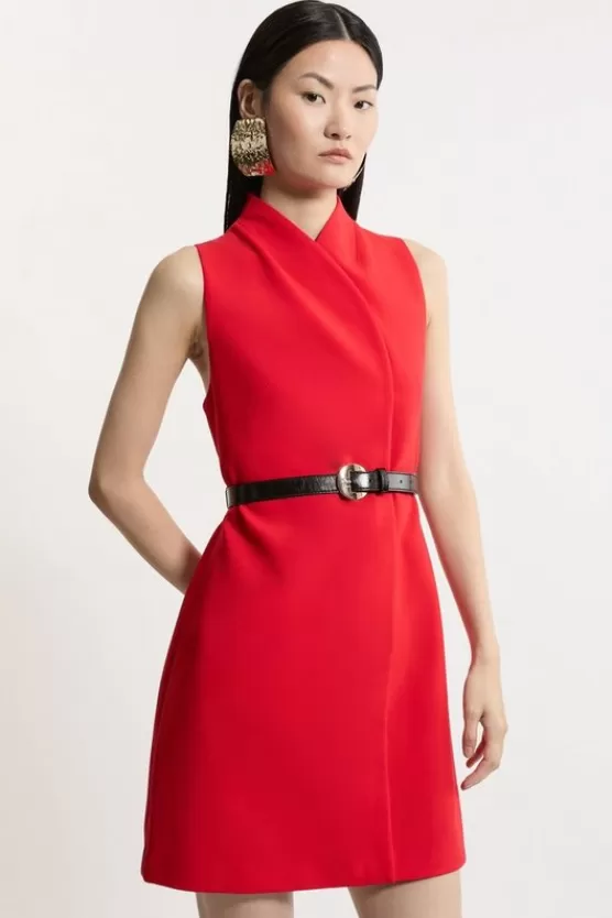 Clearance Karen Millen Petite Compact Stretch Wrap Neck Full Skirt Tailo Mini Dress red