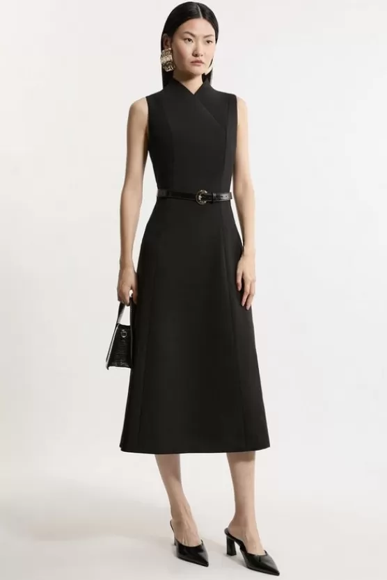 Clearance Karen Millen Petite Compact Stretch Wrap Neck Tailored Midi Dress black