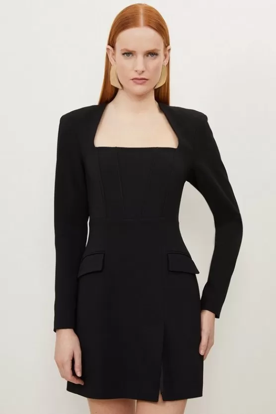 Hot Karen Millen Petite Compact Viscose Open Neck Corset Tailored Mini Dress black
