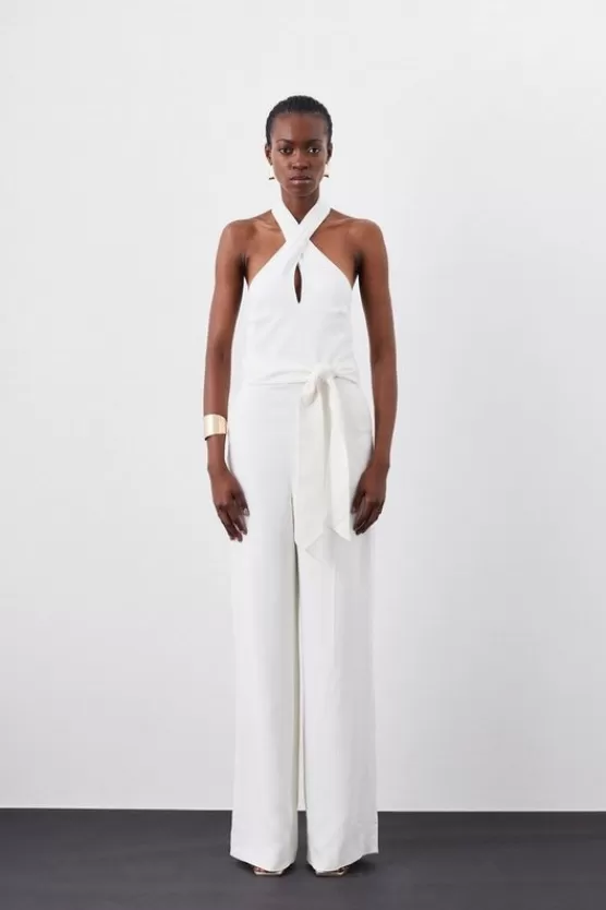 Sale Karen Millen Petite Compact Viscose Stretch Drape Tailored Jumpsuit ivory