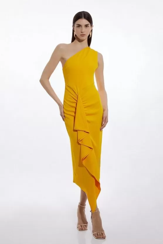 Online Karen Millen Petite Compact Viscose Tailored One Shoulder Drape Front Pencil Dress applegreen