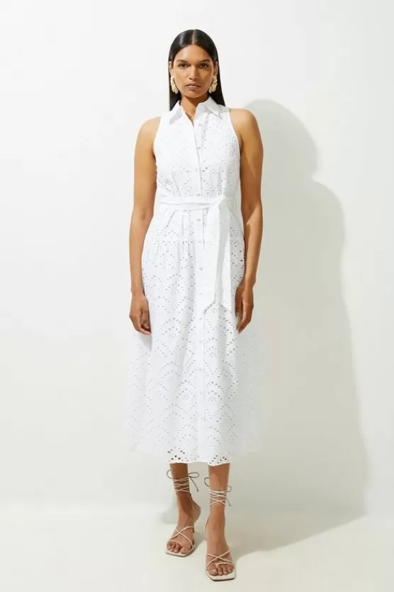 Cheap Karen Millen Petite Cotton Eyelet Belted Woven Maxi Shirt Dress ivory