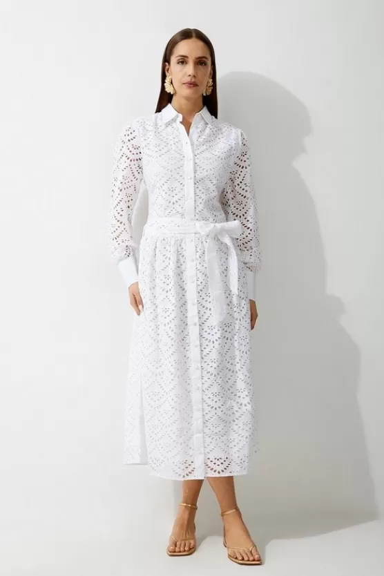 Best Sale Karen Millen Petite Cotton Eyelet Long Sleeve Woven Maxi Dress white