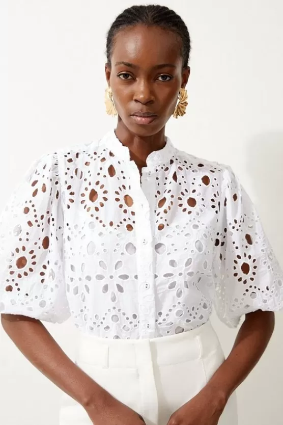 Fashion Karen Millen Petite Cotton Eyelet Short Sleeve Woven Blouse white