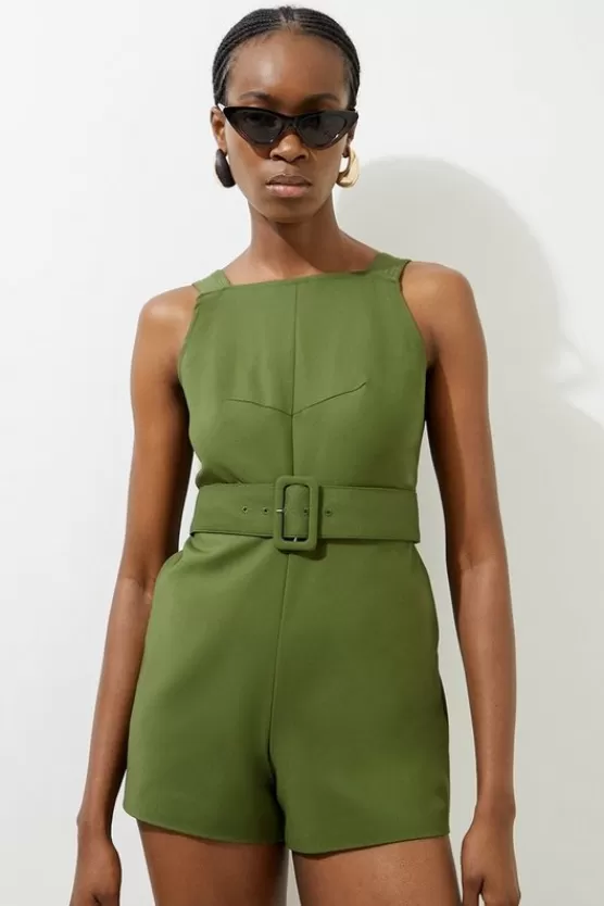 Shop Karen Millen Petite Cotton Sateen Utility Woven Belted Strappy Romper khaki