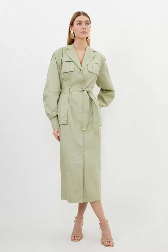 Hot Karen Millen Petite Cotton Sateen Woven Maxi Shirt Dress khaki