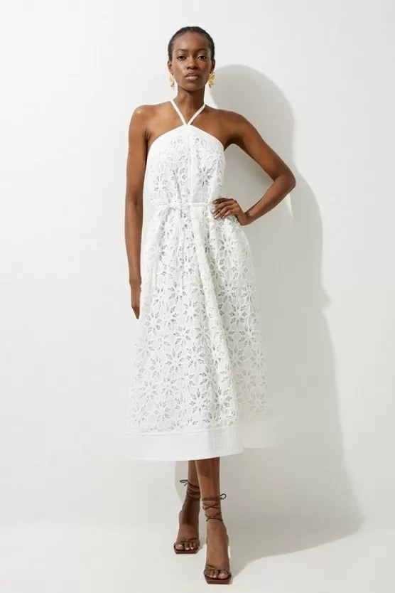 Hot Karen Millen Petite Crafted Cotton Embroidery Woven Halter Midi Dress white