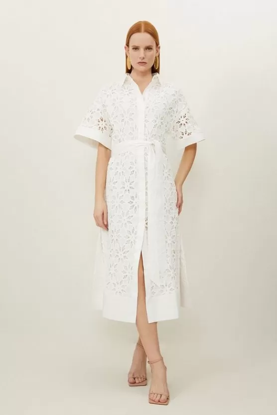 Flash Sale Karen Millen Petite Crafted Cotton Embroidery Woven Shirt Midi Dress white