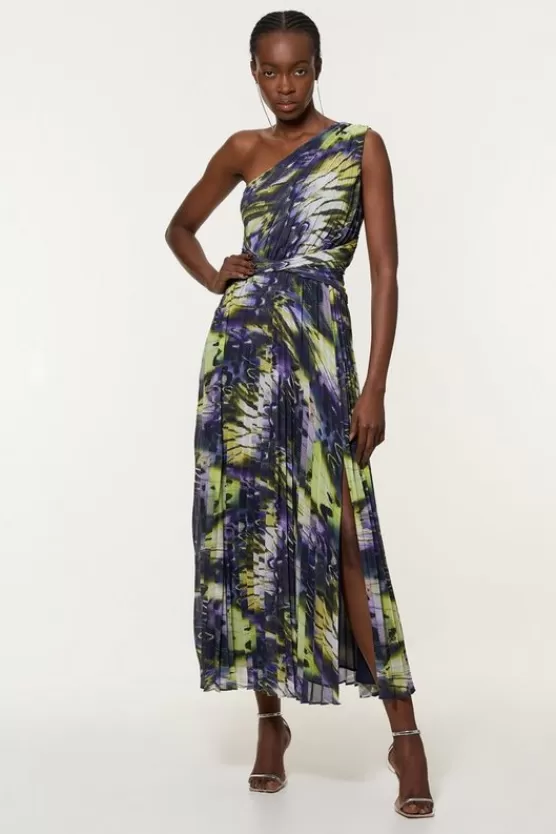 Hot Karen Millen Petite Crinkle Feather Print Woven One Shoulder Maxi Dress multi