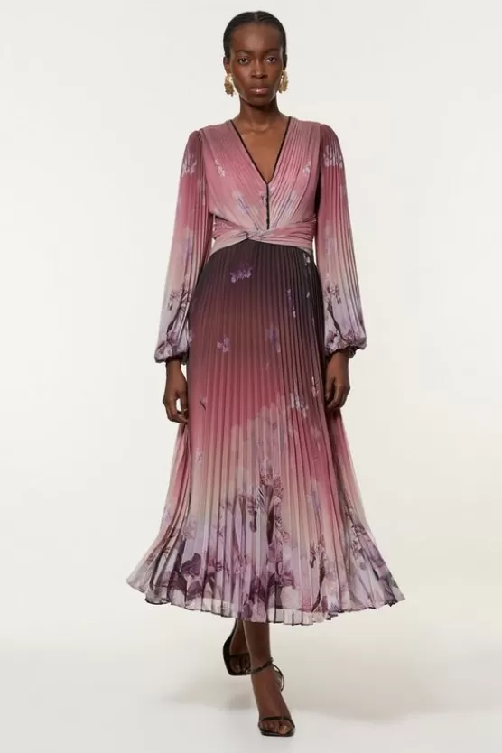 Best Karen Millen Petite Crinkle Pleat Border Balloon Sleeve Woven Maxi Dress floral