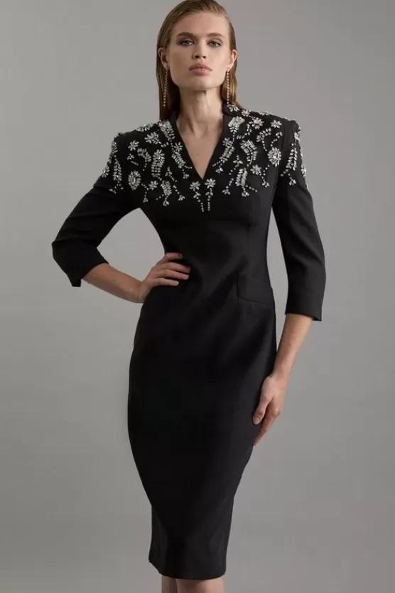 Hot Karen Millen Petite Crystal Embellished Compact Stretch Belted Tailored Forever Dress black