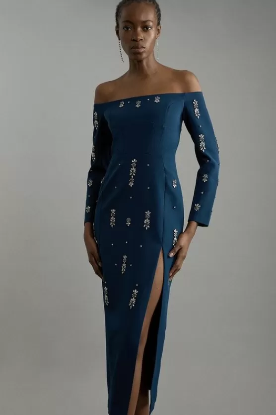 Flash Sale Karen Millen Petite Crystal Embellished Corset Detail Off The Shoulder Woven Midaxi Dress navy
