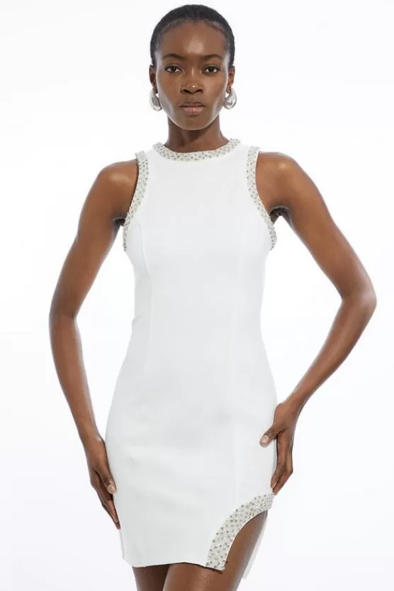 Outlet Karen Millen Petite Crystal Embellished Jersey Mini Dress ivory